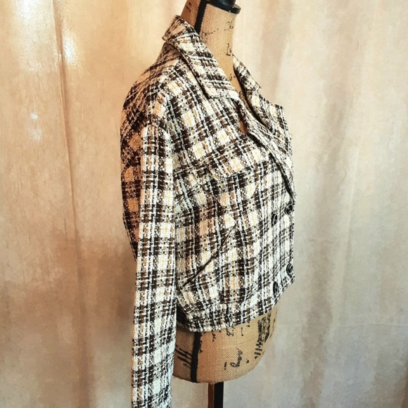 NWT Oversized Boho Crop Jacket Blazer Brown Cream Tweed Metallic Gold Sz S - Picture 3 of 15